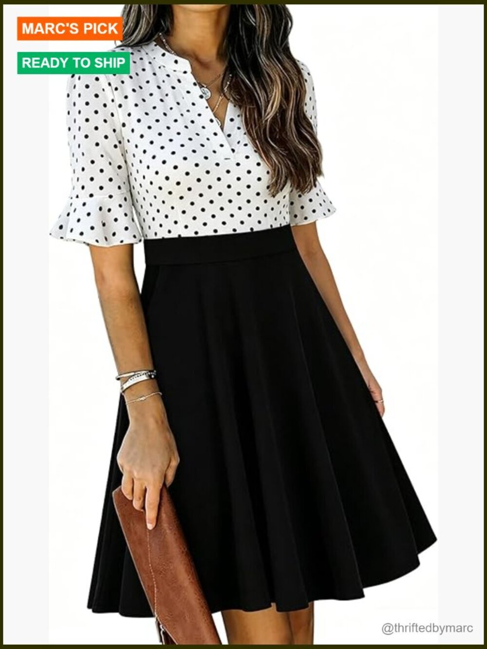 V Neck Ruffle Short Sleeve Fit and Flare Knee Length Dress with Pockets